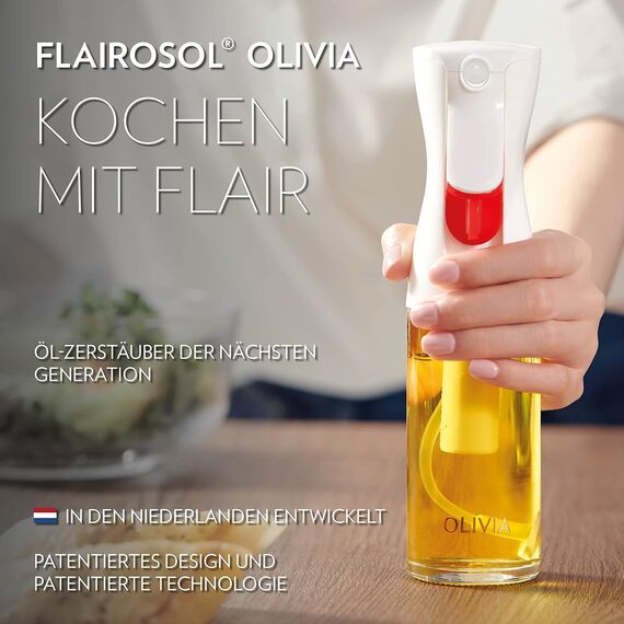 FLAIROSOL OLIVIA 130ml Glas-Ölsprüher - Kontinuierliche Ölsprühtechnik mit Portionskontrolle - Vielseitiger Ölzerstäuber zum Kochen, Salat, Grillen, Backen und für weitere Szenarien (Goldene Blätter)
