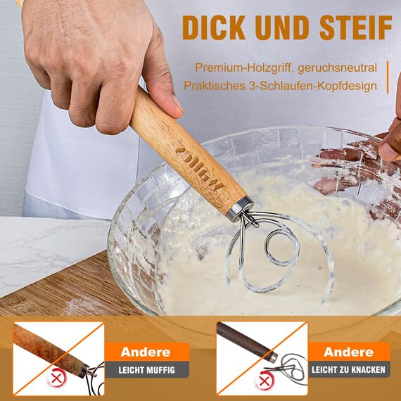 Walfos Dänischer Schneebesen, 2 Stücke Dänischer Teigbesen Edelstahl-Brotmixer mit Doppellöchern zum schnellen Mischen, nicht rosten - Teigbesen mit bequemem und langem Griff, ideal zum Kochen