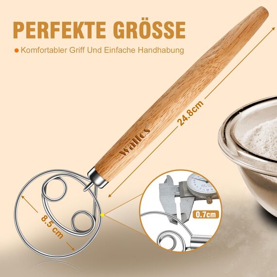 Walfos Dänischer Schneebesen, 2 Stücke Dänischer Teigbesen Edelstahl-Brotmixer mit Doppellöchern zum schnellen Mischen, nicht rosten - Teigbesen mit bequemem und langem Griff, ideal zum Kochen