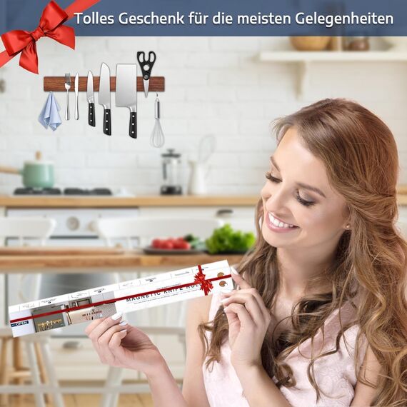 Dmore 40 cm Magnetleiste Messer mit 2 Haken, Messerhalter magnetisch aus Walnuss ohne Bohren, leistungsstarker Magnet Messerhalter, inklusive Klebeband und Schrauben für Messer, Utensilien
