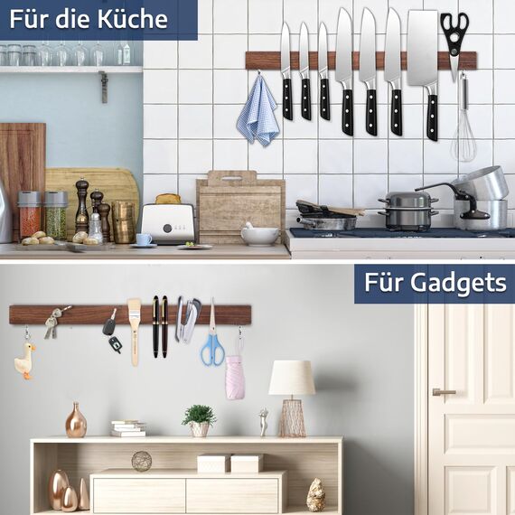 Dmore 59cm Magnetleiste Messer aus Walnuss, mit 2 Haken, lang Messerhalter magnetisch, extrem selbstklebend Magnet Messerhalter Holz für eine aufgeräumte Küche
