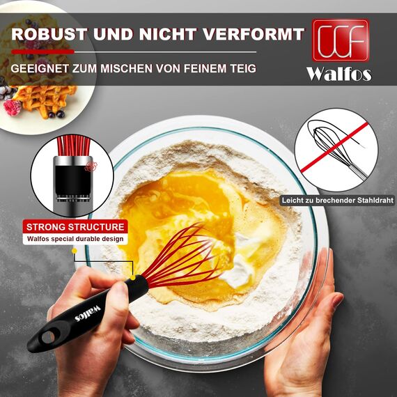 Walfos 3 Stück Schneebesen rot Silikon, Edelstahl Rührbesen Silikondrähte Ballonschneebesen, Küchen Schneebesen für Mischen, Schlagen, Aufschäumen und Rühren