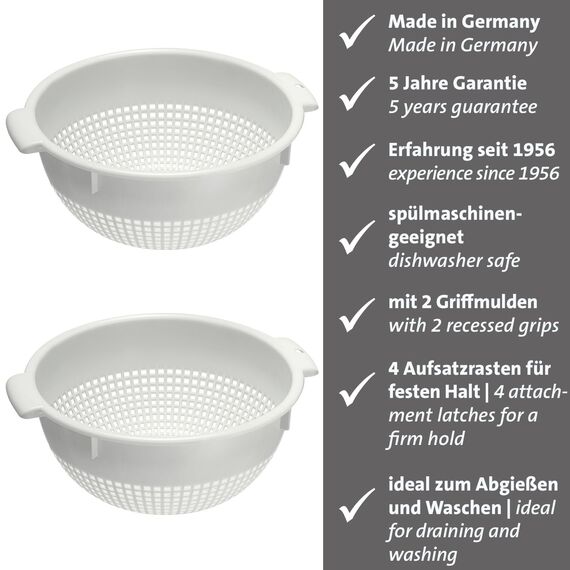 Westmark Seiher – Zwei große Seiher mit 2 Griffmulden und 4 Aufsatzrasten zum Waschen und Abtropfen – Weiß, Kunststoff, ø 24 cm