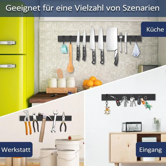 Dmore 59 cm Magnetleiste Messer mit 4 Haken, schwarzer Messerhalter magnetisch ohne Bohren, leistungsstarker Magnet Messerhalter, inklusive Klebeband und Schrauben für Messer, Utensilien und Werkzeuge