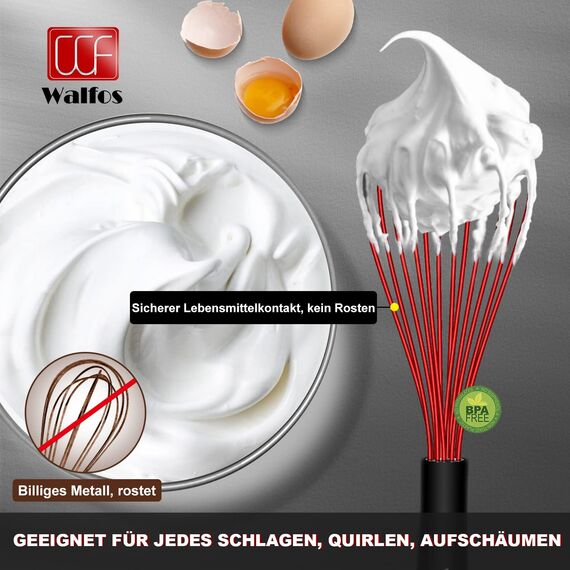 Walfos 3 Stück Schneebesen rot Silikon, Edelstahl Rührbesen Silikondrähte Ballonschneebesen, Küchen Schneebesen für Mischen, Schlagen, Aufschäumen und Rühren