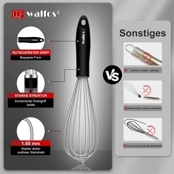 Walfos® Schneebesen Set Edelstahl, Schneebesen Edelstahl - Rührbesen 21cm + 23cm+ 28cm, Ballonschneebesen, Küchenbesen zum Mischen, Schlagen, Aufschäumen und Rühren