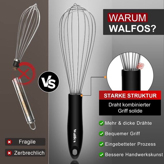 Walfos® Schneebesen Set Edelstahl, Schneebesen Edelstahl - Rührbesen 21cm + 23cm+ 28cm, Ballonschneebesen, Küchenbesen zum Mischen, Schlagen, Aufschäumen und Rühren
