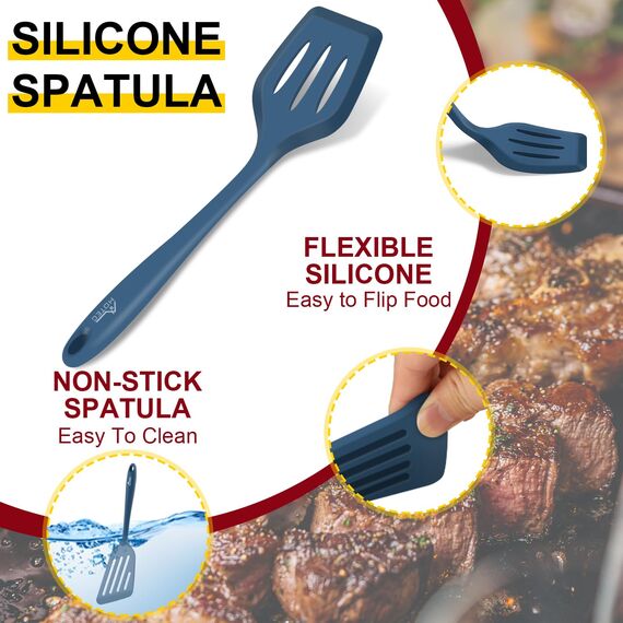 Hotec Pfannenwender-Set, Hitzebeständiger Silikon Geschlitzt Pfannenwender Spatel BPA Frei, Spülmaschinengeeignet Küchenhelfer Kochgeschirr Turner Antihaft Spachtel zum Kochen, 2 Stück,Dunkelblau