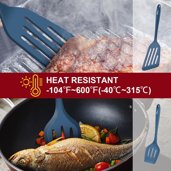 Hotec Pfannenwender-Set, Hitzebeständiger Silikon Geschlitzt Pfannenwender Spatel BPA Frei, Spülmaschinengeeignet Küchenhelfer Kochgeschirr Turner Antihaft Spachtel zum Kochen, 2 Stück,Dunkelblau
