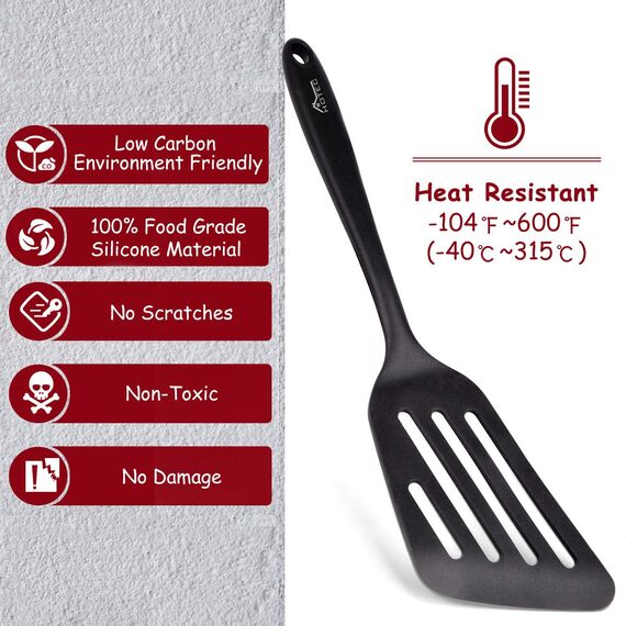 Hotec Pfannenwender-Set aus lebensmittelechtem Silikon, mit Schlitzen, Küchenutensilien zum Backen, Kochen, hitzebeständig, antihaftbeschichtet, starker Edelstahl Kern,Schwarz, 2 Stück