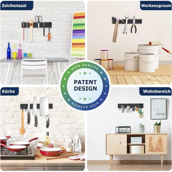 Dmore 30 cm Magnetleiste Messer mit 2 Haken, schwarzer Messerhalter magnetisch ohne Bohren, leistungsstarker Magnet Messerhalter, inklusive Klebeband und Schrauben für Messer, Utensilien und Werkzeuge