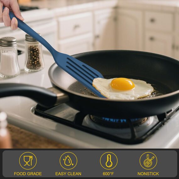 Hotec Pfannenwender-Set, Hitzebeständiger Silikon Geschlitzt Pfannenwender Spatel BPA Frei, Spülmaschinengeeignet Küchenhelfer Kochgeschirr Turner Antihaft Spachtel zum Kochen, 2 Stück,Dunkelblau