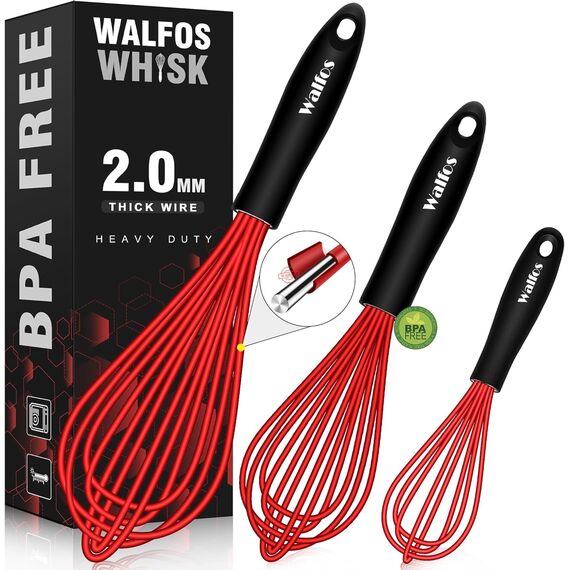 Walfos 3 Stück Schneebesen rot Silikon, Edelstahl Rührbesen Silikondrähte Ballonschneebesen, Küchen Schneebesen für Mischen, Schlagen, Aufschäumen und Rühren