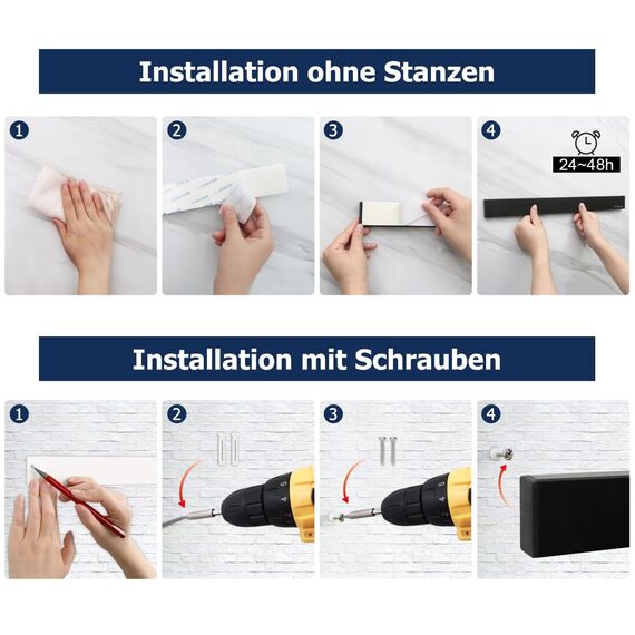 Dmore 50 cm Magnetleiste Messer mit 4 Haken, schwarzer Messerhalter magnetisch ohne Bohren, leistungsstarker Magnet Messerhalter, inklusive Klebeband und Schrauben für Messer, Utensilien und Werkzeuge