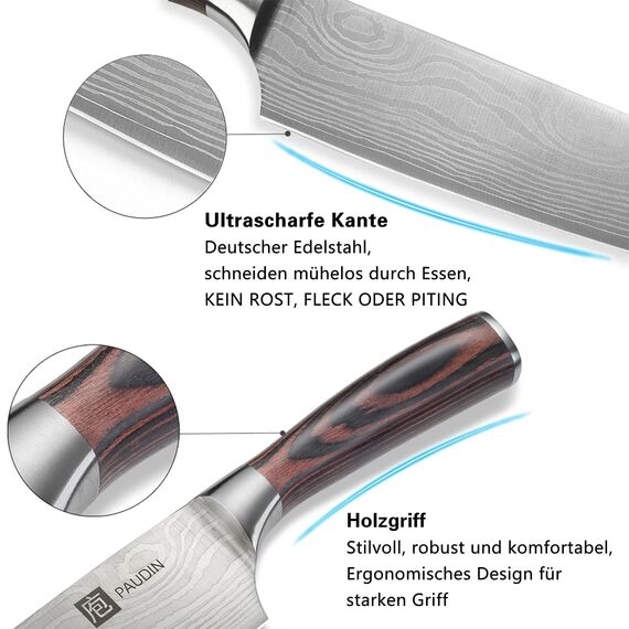 PAUDIN Kochmesser, Klingenlänge 20 cm Profi Küchenmesser Messer Chefmesser Allzweckmesser aus hochwertigem Carbon Edelstahl, Extra Scharfe Messerklinge mit ergonomischem Griff