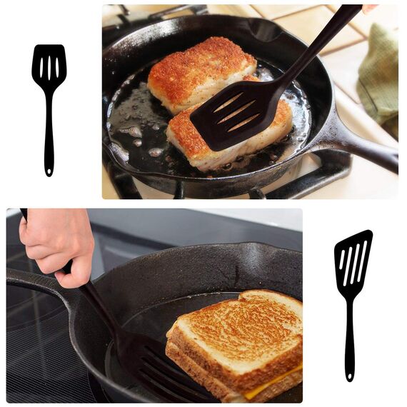 Hotec Pfannenwender-Set aus lebensmittelechtem Silikon, mit Schlitzen, Küchenutensilien zum Backen, Kochen, hitzebeständig, antihaftbeschichtet, starker Edelstahl Kern,Schwarz, 2 Stück