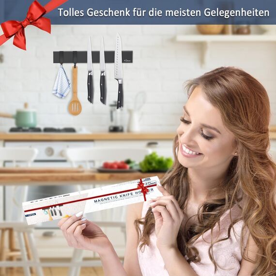 Dmore 30 cm Magnetleiste Messer mit 2 Haken, schwarzer Messerhalter magnetisch ohne Bohren, leistungsstarker Magnet Messerhalter, inklusive Klebeband und Schrauben für Messer, Utensilien und Werkzeuge