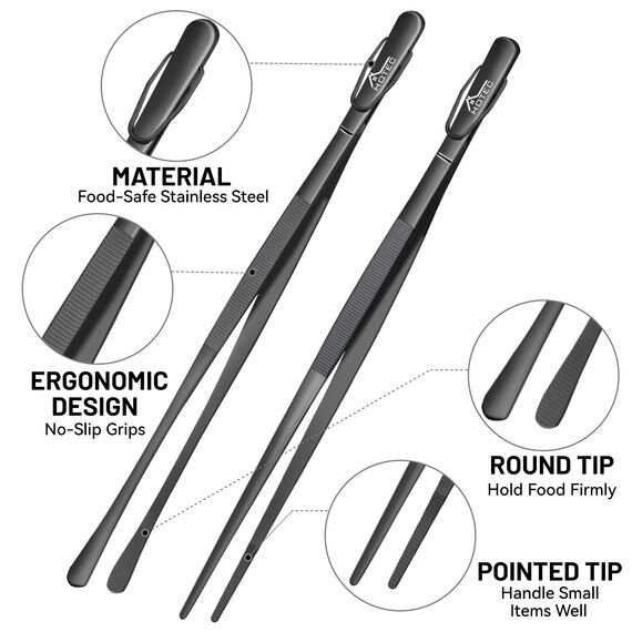 Hotec Edelstahl-Kochpinzette, professionelle Küchenzange zum Kochen, Grillen und Backen, extra lange Lebensmittelpinzette, Set von 2 - 30,5 cm, NZ-B02H