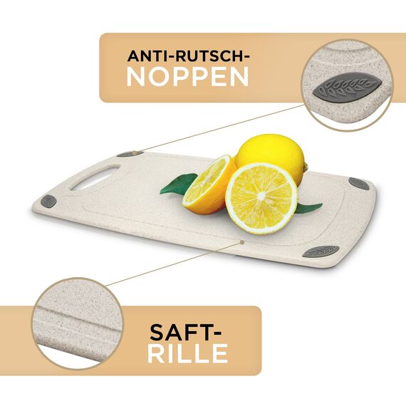 EXITOSO Das Original Schneidebrett aus PP-Material & Weizenstroh, Saftrille und Griff, Frankfurter Brett, Spülmaschinenfest und antibakteriell Brotbrettchen, Schneidbrett 32x20