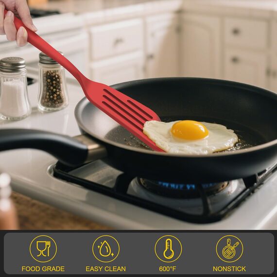 Hotec Pfannenwender-Set, Hitzebeständiger Silikon Geschlitzt Pfannenwender Spatel BPA Frei, Spülmaschinengeeignet Küchenhelfer Kochgeschirr Turner Antihaft Spachtel zum Kochen, Backen, Flip, 2 Stück,R