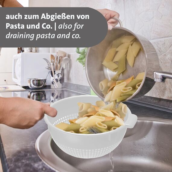 Westmark Seiher – Zwei große Seiher mit 2 Griffmulden und 4 Aufsatzrasten zum Waschen und Abtropfen – Weiß, Kunststoff, ø 24 cm