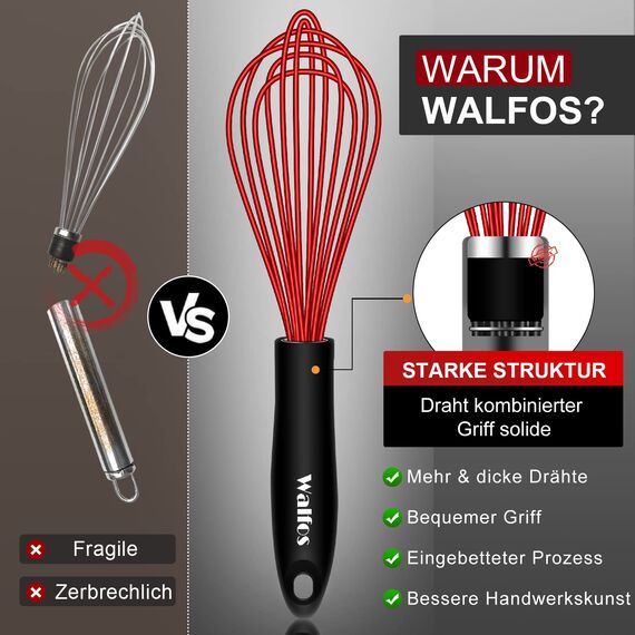 Walfos 3 Stück Schneebesen rot Silikon, Edelstahl Rührbesen Silikondrähte Ballonschneebesen, Küchen Schneebesen für Mischen, Schlagen, Aufschäumen und Rühren