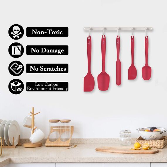 Hotec 5 Stück Silikon Spatel Set Teigschaber Küchenutensilien zum Backen, Kochen und Mischen Hitzebeständig Spatulas Silikon Nicht-Stick Geschirrspüler Safe Red
