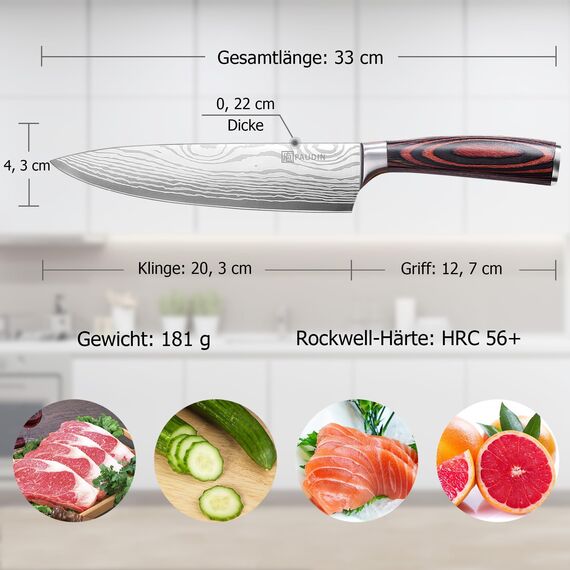 PAUDIN Kochmesser, Klingenlänge 20 cm Profi Küchenmesser Messer Chefmesser Allzweckmesser aus hochwertigem Carbon Edelstahl, Extra Scharfe Messerklinge mit ergonomischem Griff