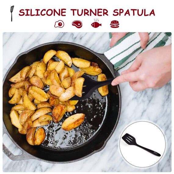 Hotec Pfannenwender-Set aus lebensmittelechtem Silikon, mit Schlitzen, Küchenutensilien zum Backen, Kochen, hitzebeständig, antihaftbeschichtet, starker Edelstahl Kern,Schwarz, 2 Stück