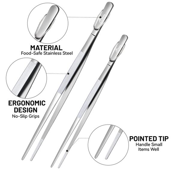Hotec Edelstahl-Küchenpinzette, professionelle Küchenzange zum Kochen, Grillen und Backen, extra lange Lebensmittelpinzette, Set von 2,30.5zoll,25.4zoll