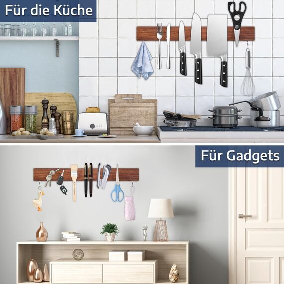 Dmore 40 cm Magnetleiste Messer mit 2 Haken, Messerhalter magnetisch aus Walnuss ohne Bohren, leistungsstarker Magnet Messerhalter, inklusive Klebeband und Schrauben für Messer, Utensilien