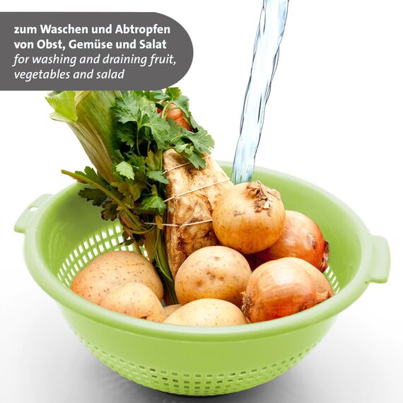 Westmark Seiher – Zwei große Seiher mit 2 Griffmulden und 4 Aufsatzrasten zum Waschen und Abtropfen – Apfelgrün, Kunststoff, ø 24 cm