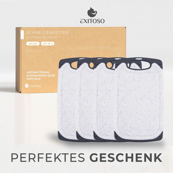 Exitoso Frühstücksbrettchen 4er Set mit Saftrille & Griff aus Kunststoff | Rutschfestes & spülmaschinenfestes Schneidebrett | Antibakterielles Brettchen Set | BPA-Frei & beidseitig verwendbar