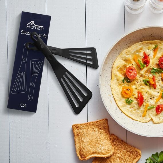 HOTEC Silikon-Fischwender mit Schlitzen, Pfannenwender, Pfannenwender zum Kochen, hitzebeständig, antihaftbeschichtet, stark, spülmaschinenfest, schwarz