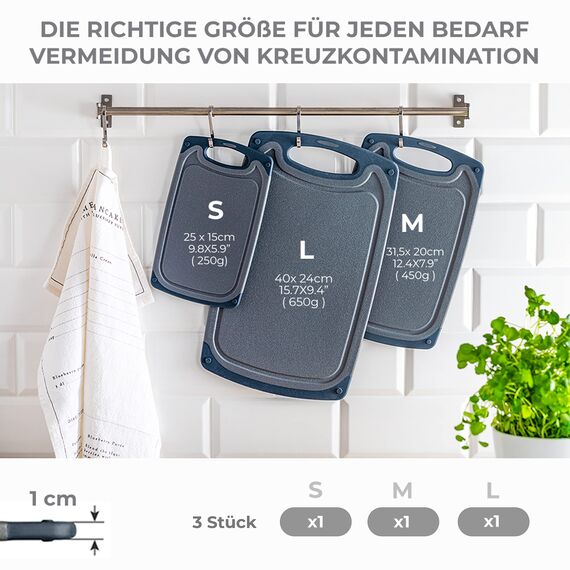 Exitoso Frühstücksbrettchen 3er Set mit Saftrille & Griff aus Kunststoff | Rutschfestes & spülmaschinenfestes Schneidebrett | Antibakterielles Brettchen Set | BPA-Frei & beidseitig verwendbar