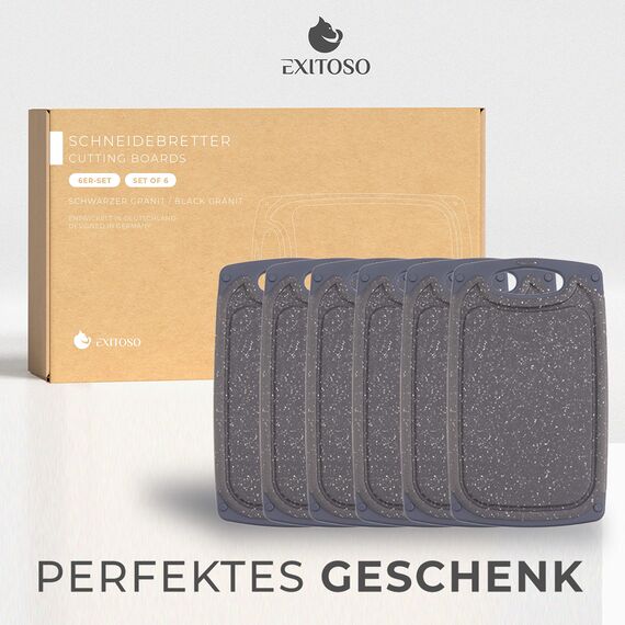 Exitoso Frühstücksbrettchen 6er Set mit Saftrille & Griff aus Kunststoff | Rutschfestes & spülmaschinenfestes Schneidebrett | Antibakterielles Brettchen Set | BPA-Frei & beidseitig verwendbar