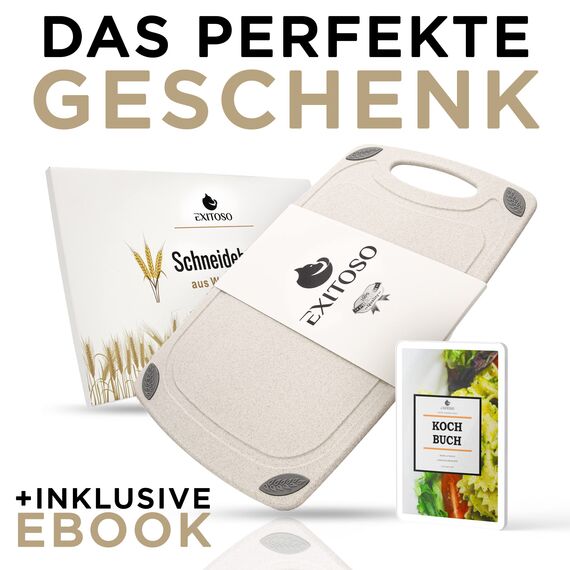EXITOSO Das Original Schneidebrett aus PP-Material & Weizenstroh, Saftrille und Griff, Frankfurter Brett, Spülmaschinenfest und antibakteriell Brotbrettchen, Schneidbrett 32x20