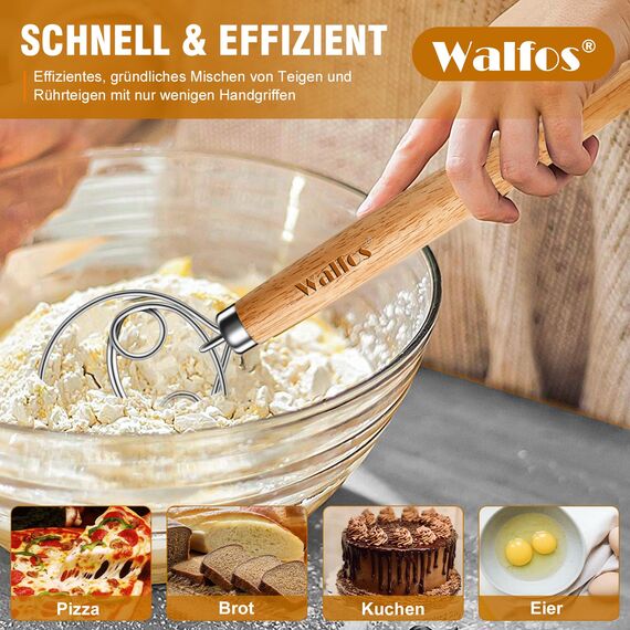 Walfos Dänischer Schneebesen, 2 Stücke Dänischer Teigbesen Edelstahl-Brotmixer mit Doppellöchern zum schnellen Mischen, nicht rosten - Teigbesen mit bequemem und langem Griff, ideal zum Kochen