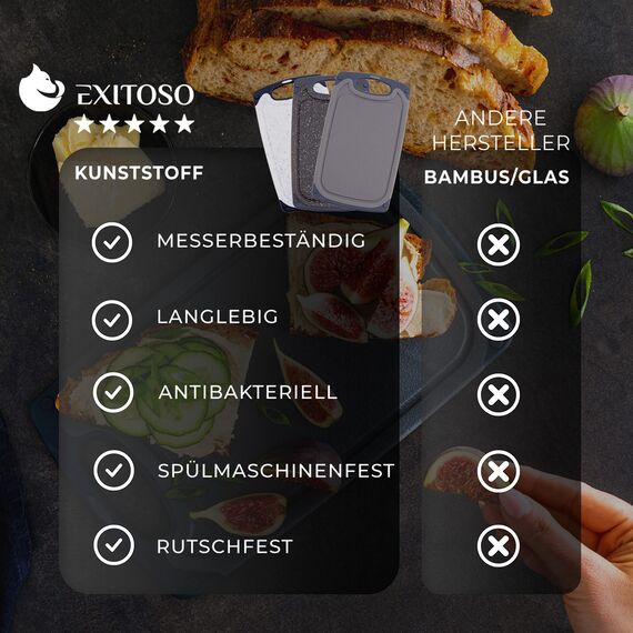 Exitoso Frühstücksbrettchen 3er Set mit Saftrille & Griff aus Kunststoff | Rutschfestes & spülmaschinenfestes Schneidebrett | Antibakterielles Brettchen Set | BPA-Frei & beidseitig verwendbar