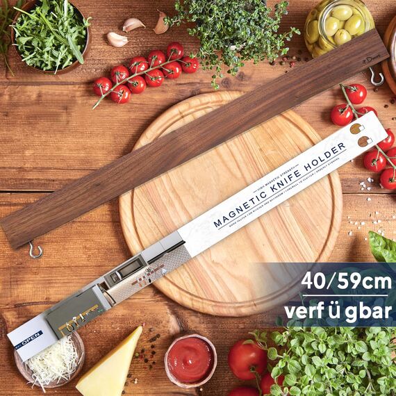 Dmore 59cm Magnetleiste Messer aus Walnuss, mit 2 Haken, lang Messerhalter magnetisch, extrem selbstklebend Magnet Messerhalter Holz für eine aufgeräumte Küche