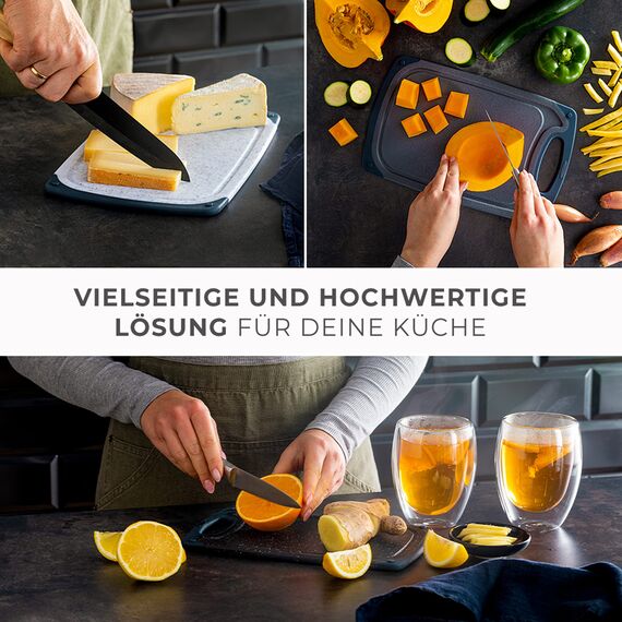 Exitoso Frühstücksbrettchen 3er Set mit Saftrille & Griff aus Kunststoff | Rutschfestes & spülmaschinenfestes Schneidebrett | Antibakterielles Brettchen Set | BPA-Frei & beidseitig verwendbar