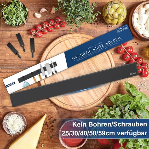 Dmore Magnetleiste Messer mit 3 Haken, 40 cm Messerhalter magnetisch schwarz, extrem selbstklebend Magnet Messerhalter aus Edelstahl, inklusive Klebeband und Schrauben, für Messer und Utensilien