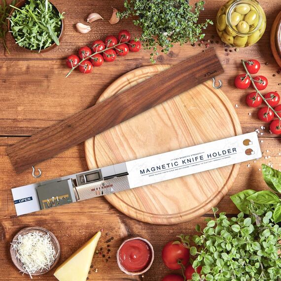 Dmore 40 cm Magnetleiste Messer mit 2 Haken, Messerhalter magnetisch aus Walnuss ohne Bohren, leistungsstarker Magnet Messerhalter, inklusive Klebeband und Schrauben für Messer, Utensilien