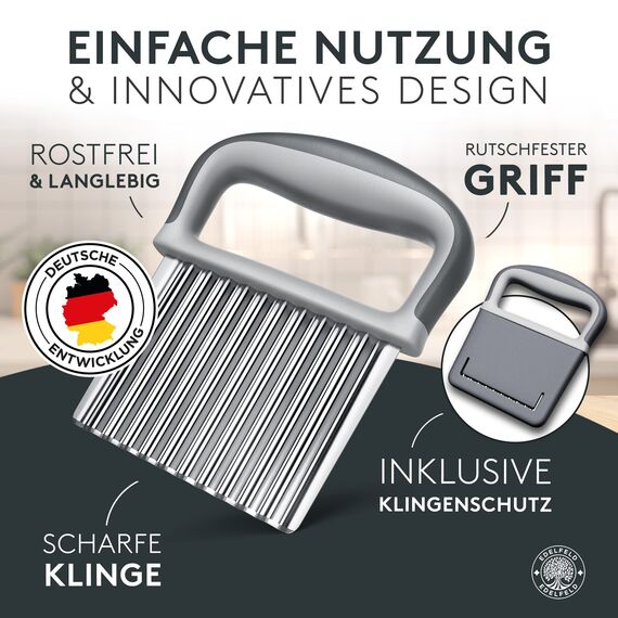 Edelfeld Wellenschneider für Pommes, Obst & Gemüse [TESTSIEGER] - Spülmaschinengeeignetes Wellenmesser - Riffelmesser für Erwachsene & Kinder - Solides Wellenschnittmesser aus Edelstahl - Für BLW