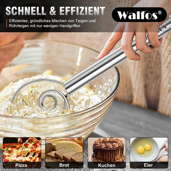 Walfos 2 Stücke Dänischer Teigbesen, Premium Edelstahl Bread Schneebesen, Doppellöchern zum schnellen Mischen, nicht rosten zum Backen