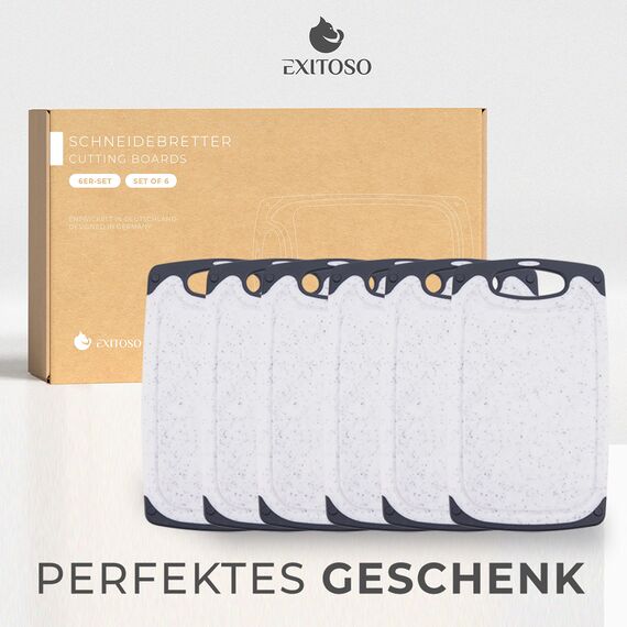 Exitoso Frühstücksbrettchen 6er Set mit Saftrille & Griff aus Kunststoff | Rutschfestes & spülmaschinenfestes Schneidebrett | Antibakterielles Brettchen Set | BPA-Frei & beidseitig verwendbar