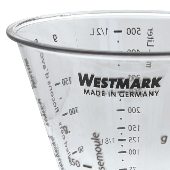 Westmark Set, 2-tlg.: 1 Messkanne + 1 Messbecher mit Feinmesskegel, mehrsprachig und mit verschiedenen Maßeinheiten, Füllvolumen: 0,5 + 1 Liter, Gerda, Kunststoff, Transparent, 306822E7