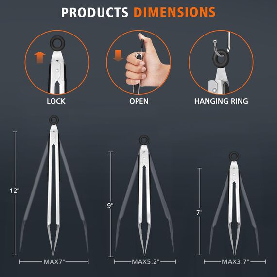 Hotec Edelstahl-Küchenzange, Set von 3-7 Zoll, 22,9 cm und 30,5 cm, verschließbare Metall-Lebensmittelzange zum Kochen, Servieren, Grillen, Grillen, rutschfester Griff