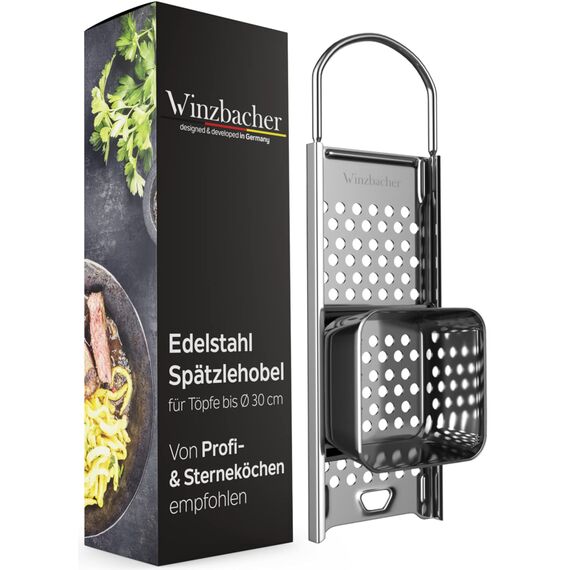 Winzbacher Edelstahl Spätzlehobel mit Teigschlitten [Topf Ø von 16-30cm] Spülmaschinenfest | Rostfrei | Spätzlereibe, Spätzlesieb, Spätzlepresse | für Spätzle & Knöpfle