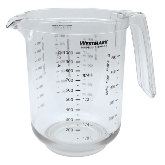 Westmark 2 Messkannen/-Becher mit mehrsprachigen Messskalen und verschiedenen Maßeinheiten, Füllvolumen: 1 Liter, Kunststoff, Gerda, Transparent, 306822E3